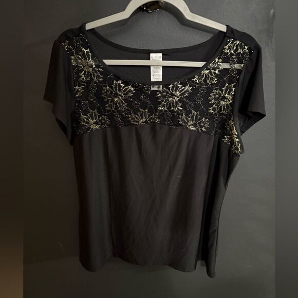 Avon MARK Gold Lace Black Short Sleeve Top Women's Size XL - Picture 1 of 6